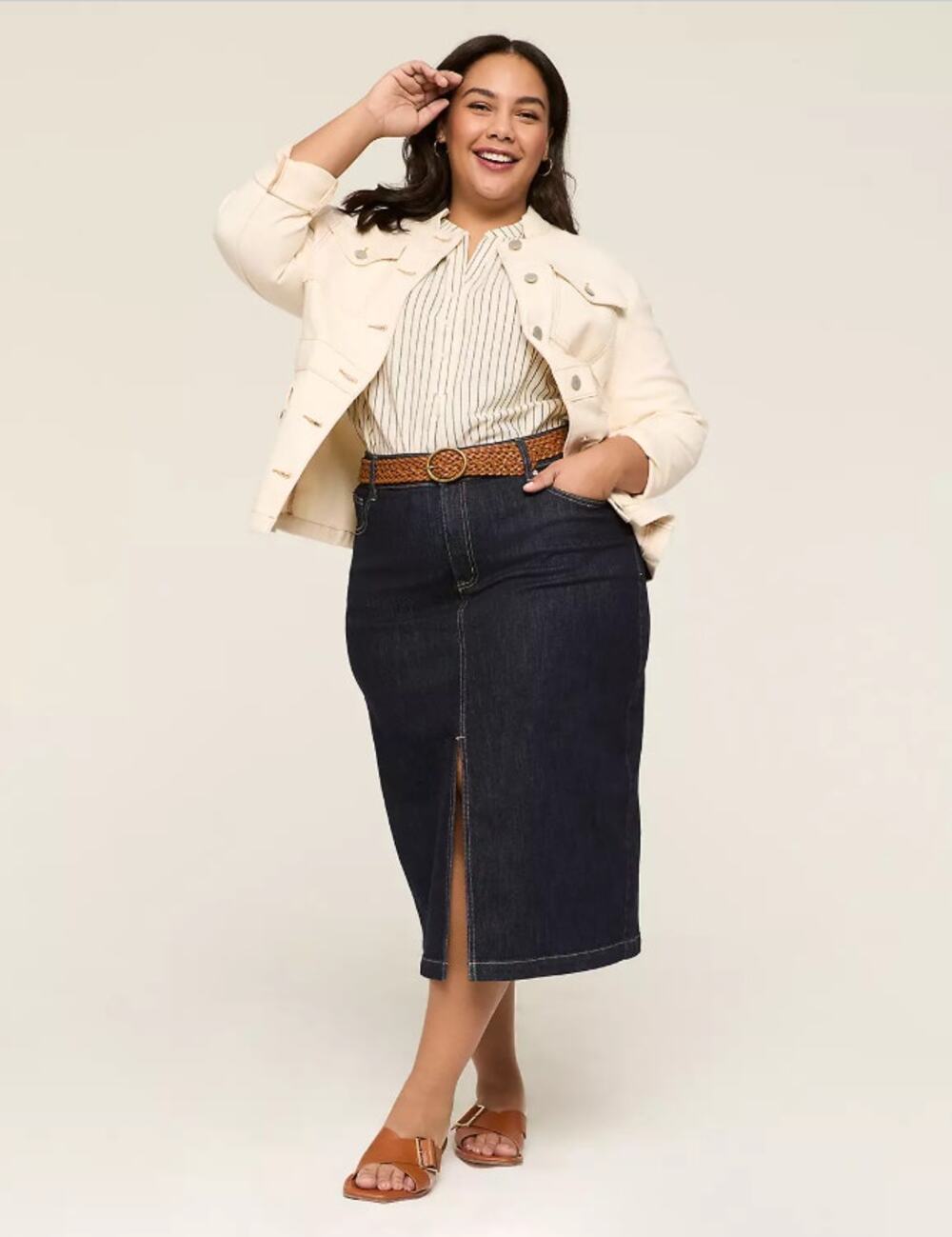 Lane Bryant Women's Size 14 Dark Denim Midi Skirt Modest Classic Stretch Jean